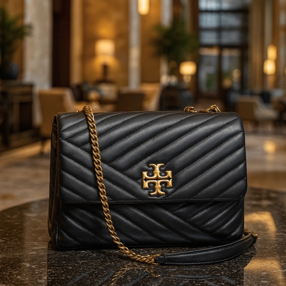 NEW Tory Burch Kira Chevron Black Leather/Rolled Brass Crossbody/Shoulder Bag